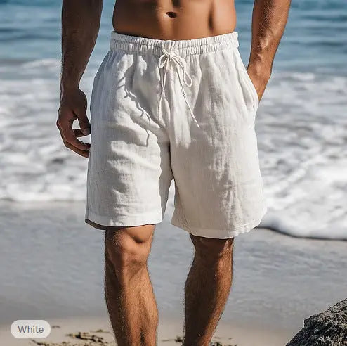 Cotton Linen Shorts Drawstring Elastic Waist Straight Leg  Pre2brand White-XXXL