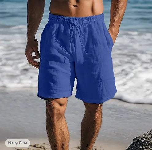 Cotton Linen Shorts Drawstring Elastic Waist Straight Leg  Pre2brand Dark-Blue-XXXL
