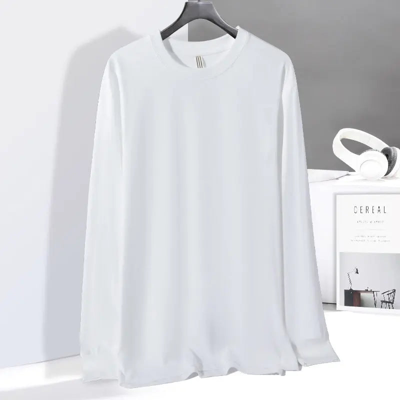 Cotton Loose Round Neck Long Sleeve T-shirt Bottoming Shirt For Men  Pre2brand White-2XL