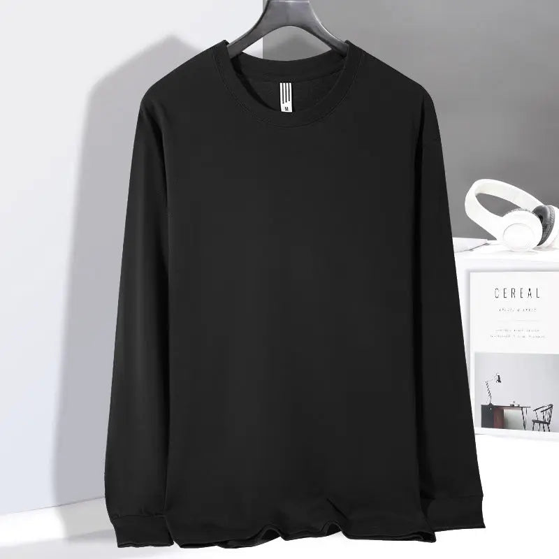 Cotton Loose Round Neck Long Sleeve T-shirt Bottoming Shirt For Men  Pre2brand Black-2XL