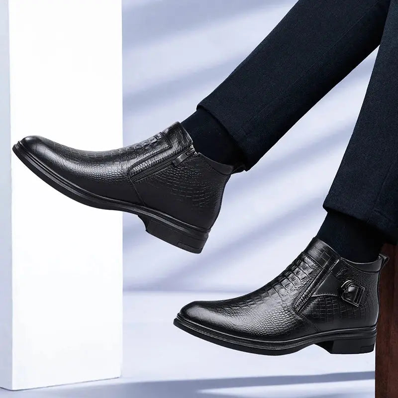 Crocodile Texture Leather Shoes Men Boots Winter Formal Leather Oxfords Boots Shoes Dress Business Chelsea Boots Men Autumn - Pre2brand