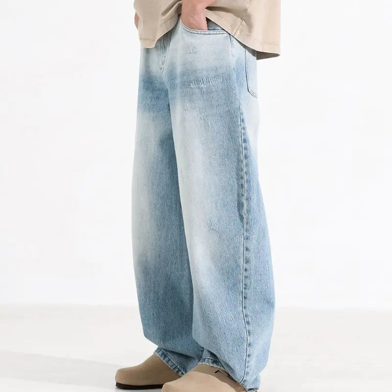 Design Washed Blue And White Machete Jeans Men's American Style  Pre2brand Blue-XXL