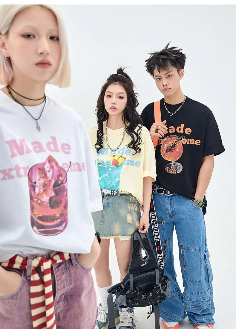 Dopamine Series Street Fun Cup Printing Casual Loose Short Sleeves T-shirt Men And Women - Pre2brand