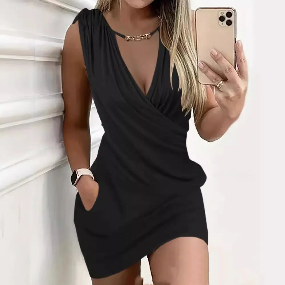 Drawstring Retaining Ring V-neck Pocket Dress  Pre2brand XL-Black