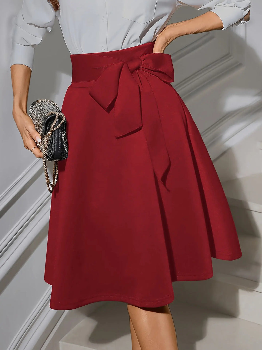 Elastic Knitted High Waist Strap Retro Skirt  Pre2brand Red-XL