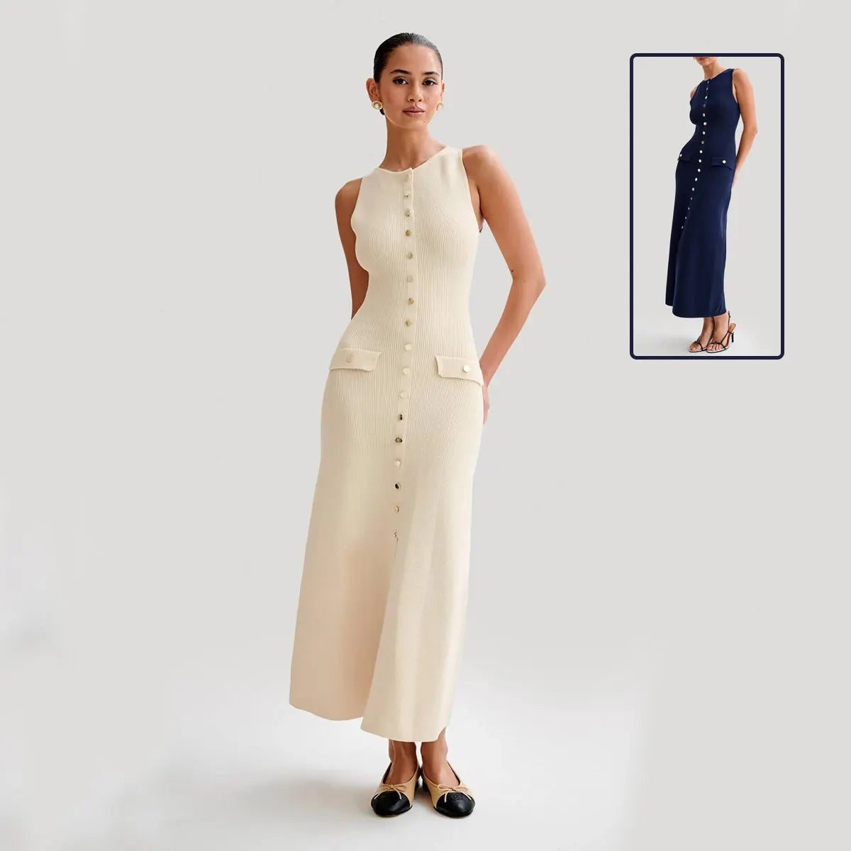 Elegant Knitted Sleeveless Dress With Single Breast Fashion Slim Round Neck Long Dresses Womens Clothing - Pre2brand