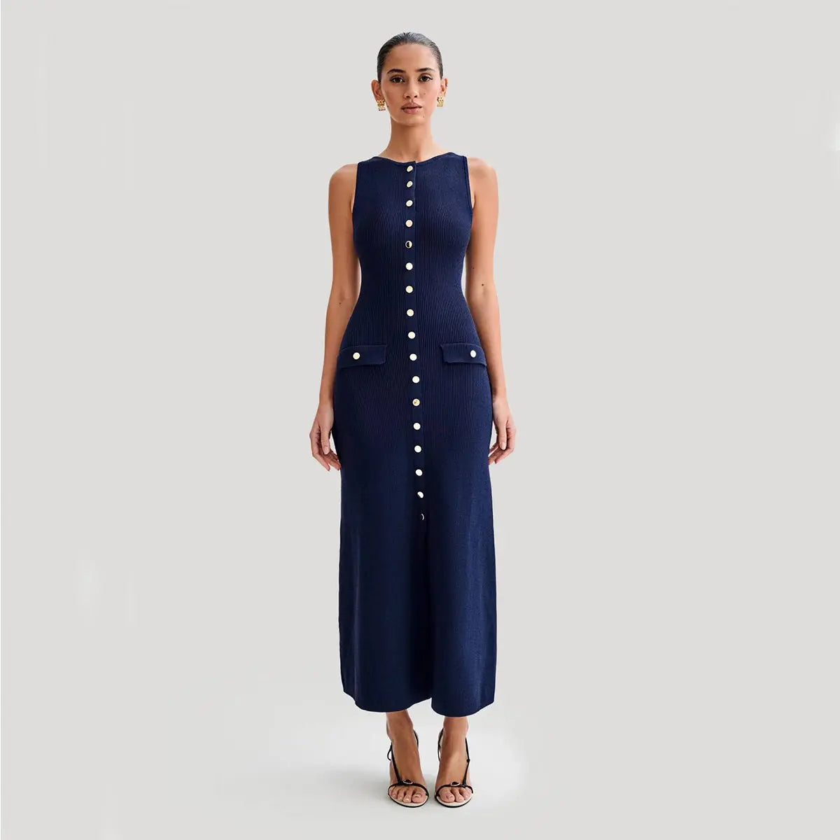 Elegant Knitted Sleeveless Dress With Single Breast Fashion Slim Round Neck Long Dresses Womens Clothing - Pre2brand
