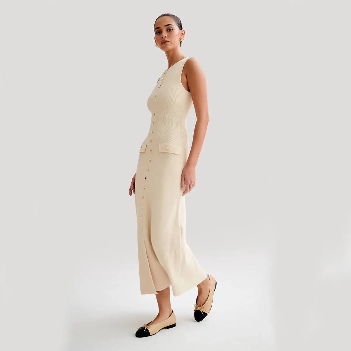 Elegant Knitted Sleeveless Dress With Single Breast Fashion Slim Round Neck Long Dresses Womens Clothing - Pre2brand