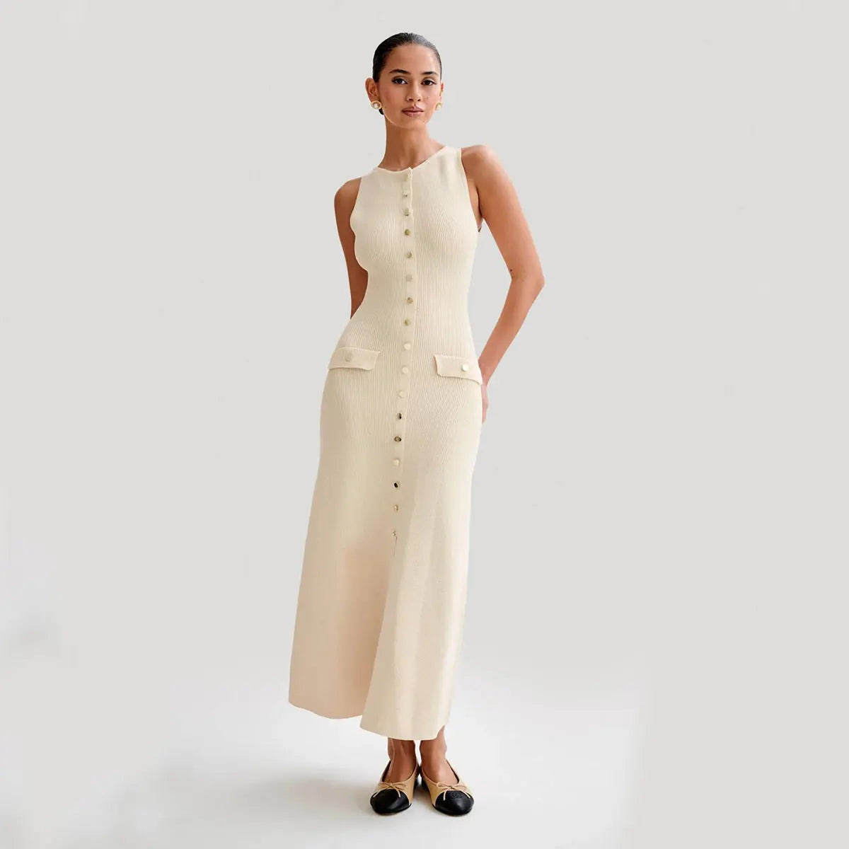 Elegant Knitted Sleeveless Dress With Single Breast Fashion Slim Round Neck Long Dresses Womens Clothing - Pre2brand