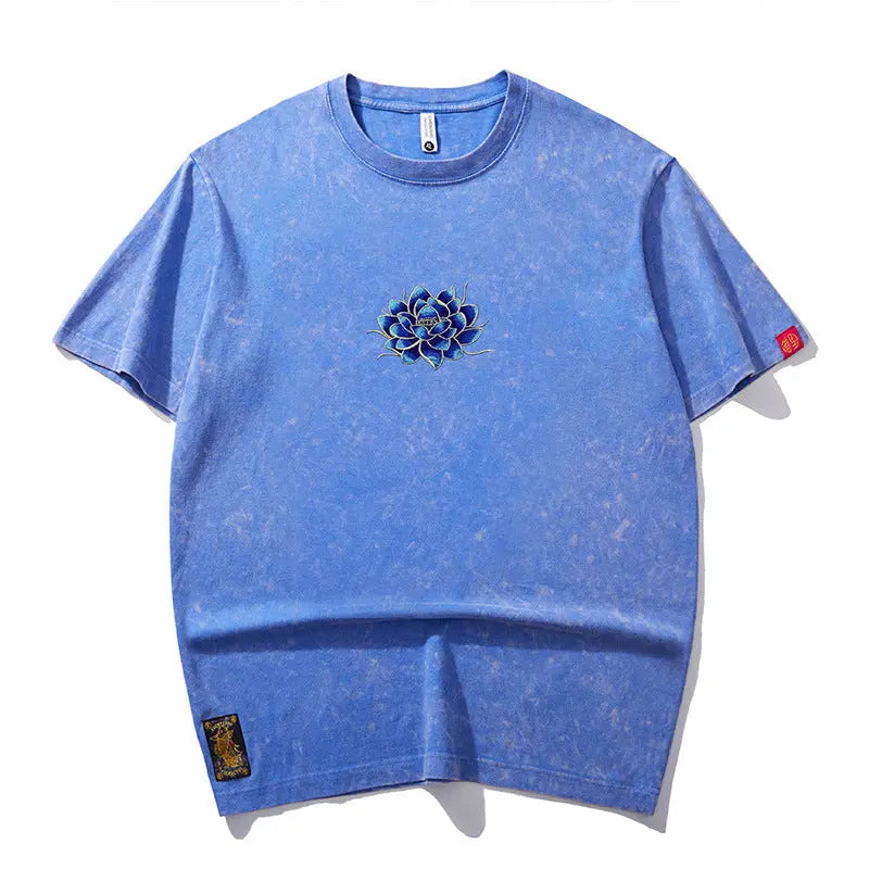 Embroidered Crew Neck Short Sleeve Loose Men's T-shirt  Pre2brand Blue-3XL