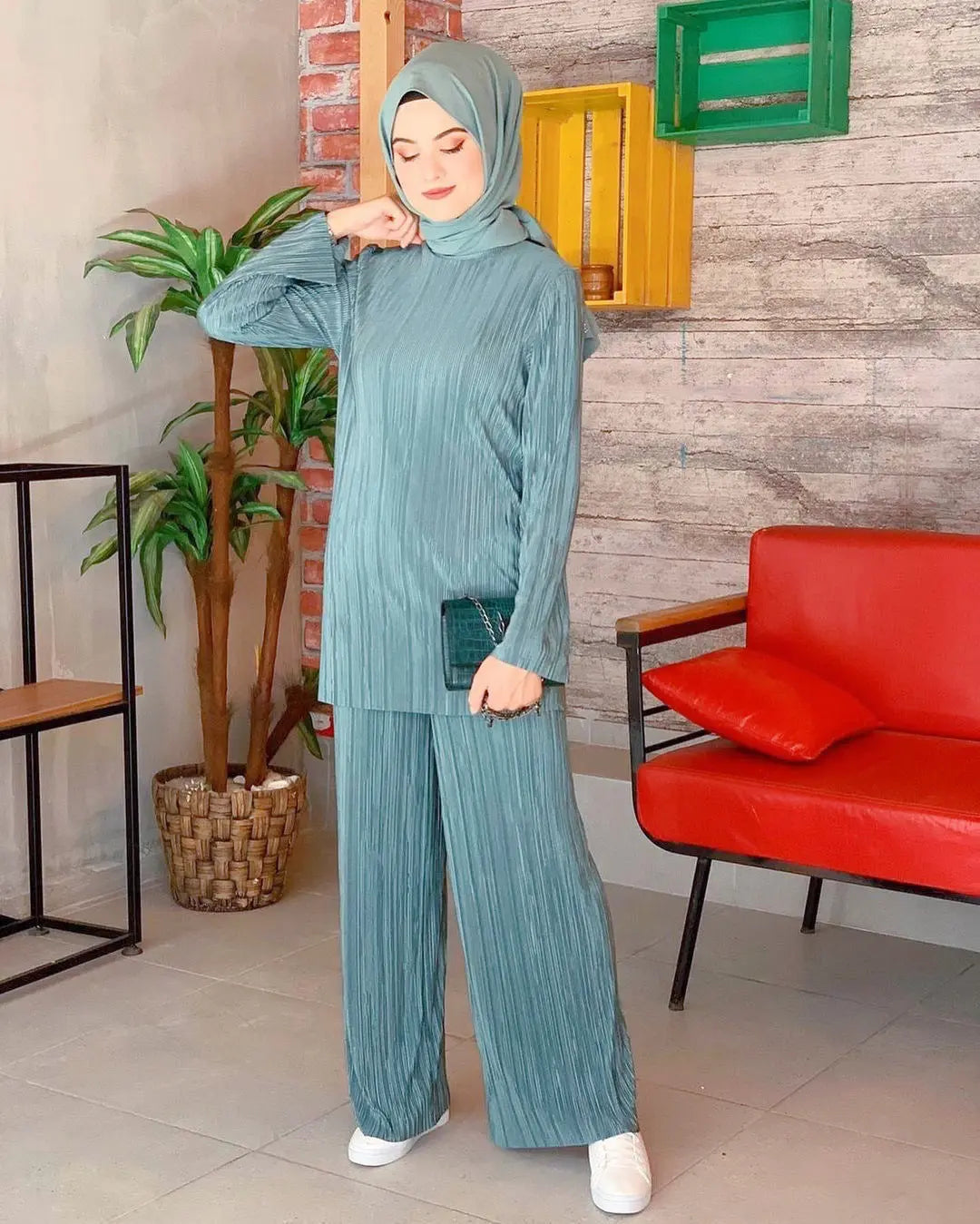 Ethnic Style Loose Casual Pleated Suit Southeast Asian Arab Women's Clothing  Pre2brand Blue-And-Green-XL