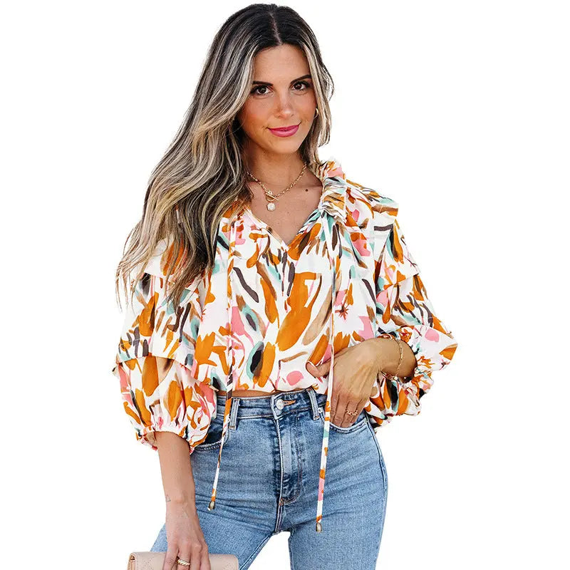 European And American Fashion Colorblock Printed V-neck Chiffon Shirt Women  Pre2brand Color-XL