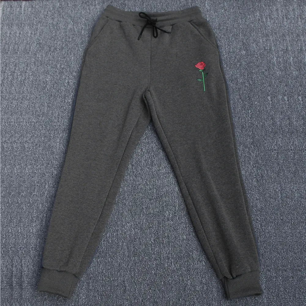 European And American Men's Autumn And Winter Leisure Fleece Warm Rose Printed Trousers  Pre2brand Gray-XXL