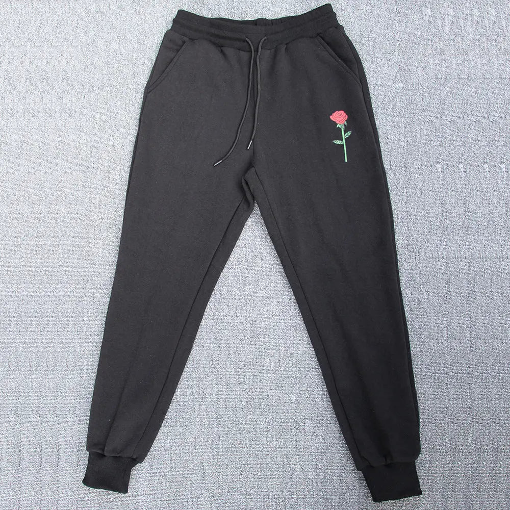 European And American Men's Autumn And Winter Leisure Fleece Warm Rose Printed Trousers  Pre2brand Black-XXL