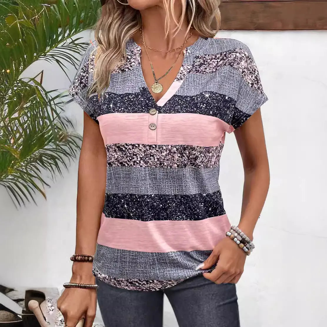 European And American Summer Short Sleeve Striped V-neck 3D Printed Casual T-shirt - Pre2brand