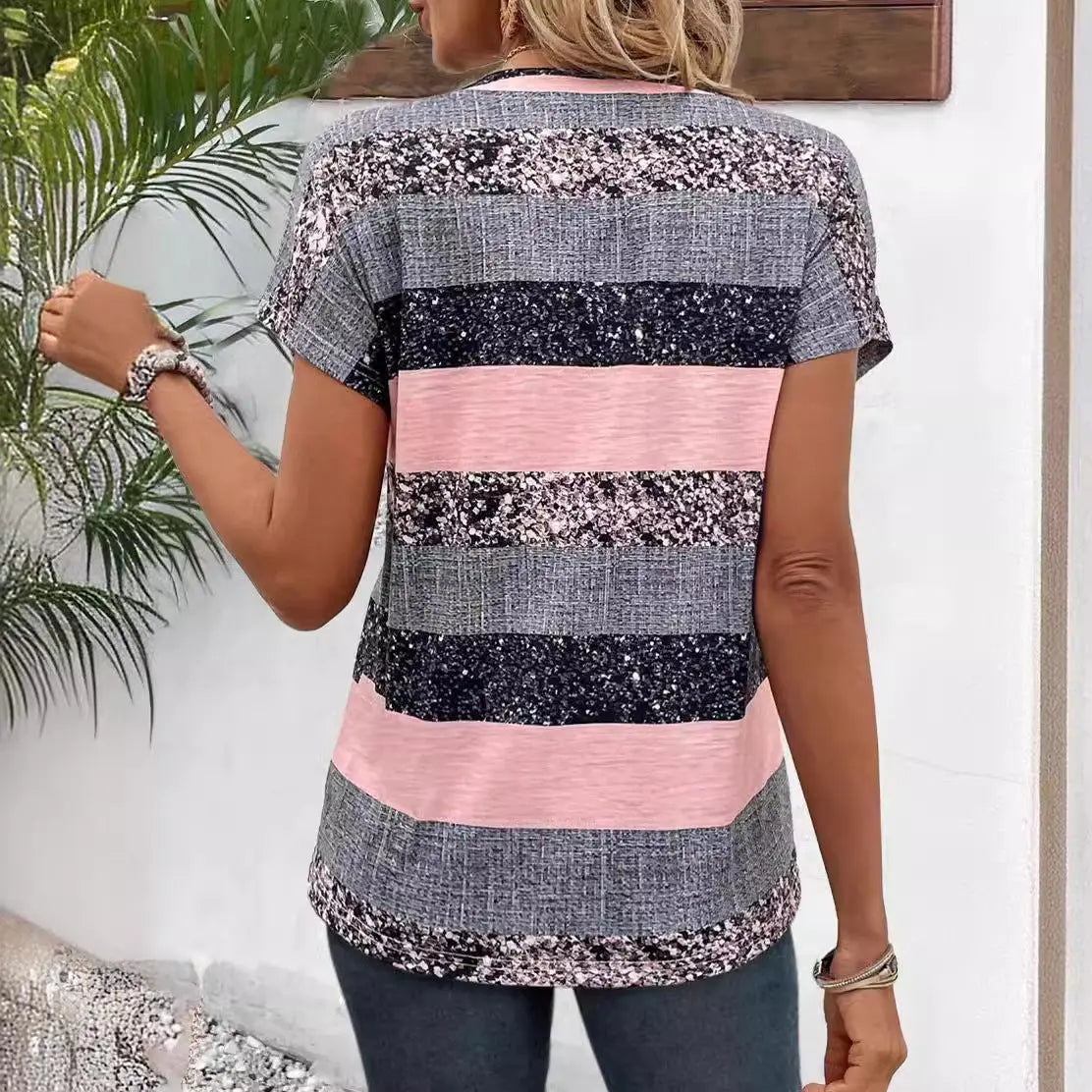 European And American Summer Short Sleeve Striped V-neck 3D Printed Casual T-shirt - Pre2brand