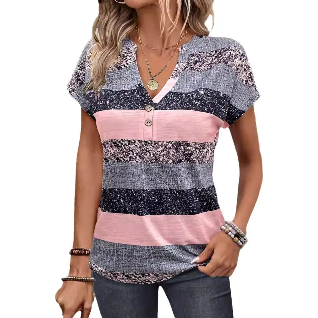 European And American Summer Short Sleeve Striped V-neck 3D Printed Casual T-shirt - Pre2brand