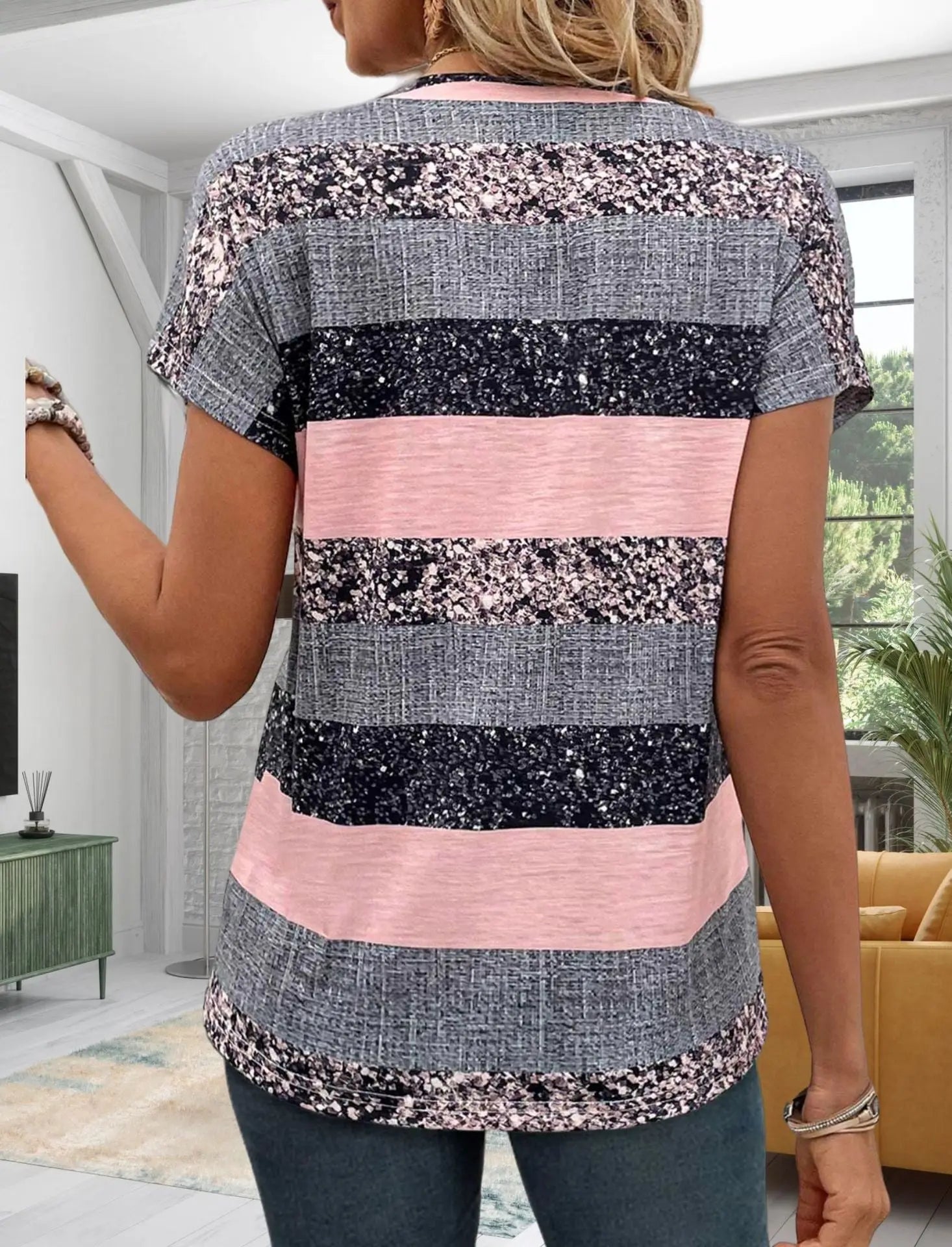 European And American Summer Short Sleeve Striped V-neck 3D Printed Casual T-shirt - Pre2brand
