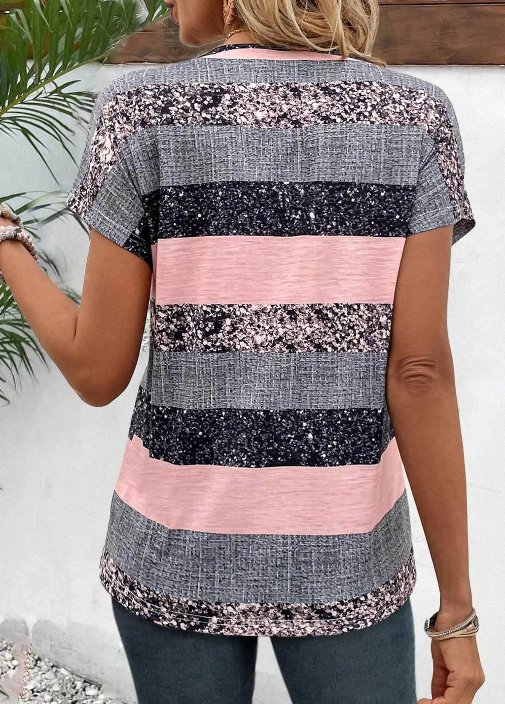 European And American Summer Short Sleeve Striped V-neck 3D Printed Casual T-shirt - Pre2brand
