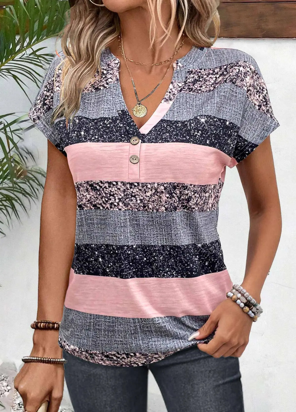 European And American Summer Short Sleeve Striped V-neck 3D Printed Casual T-shirt - Pre2brand