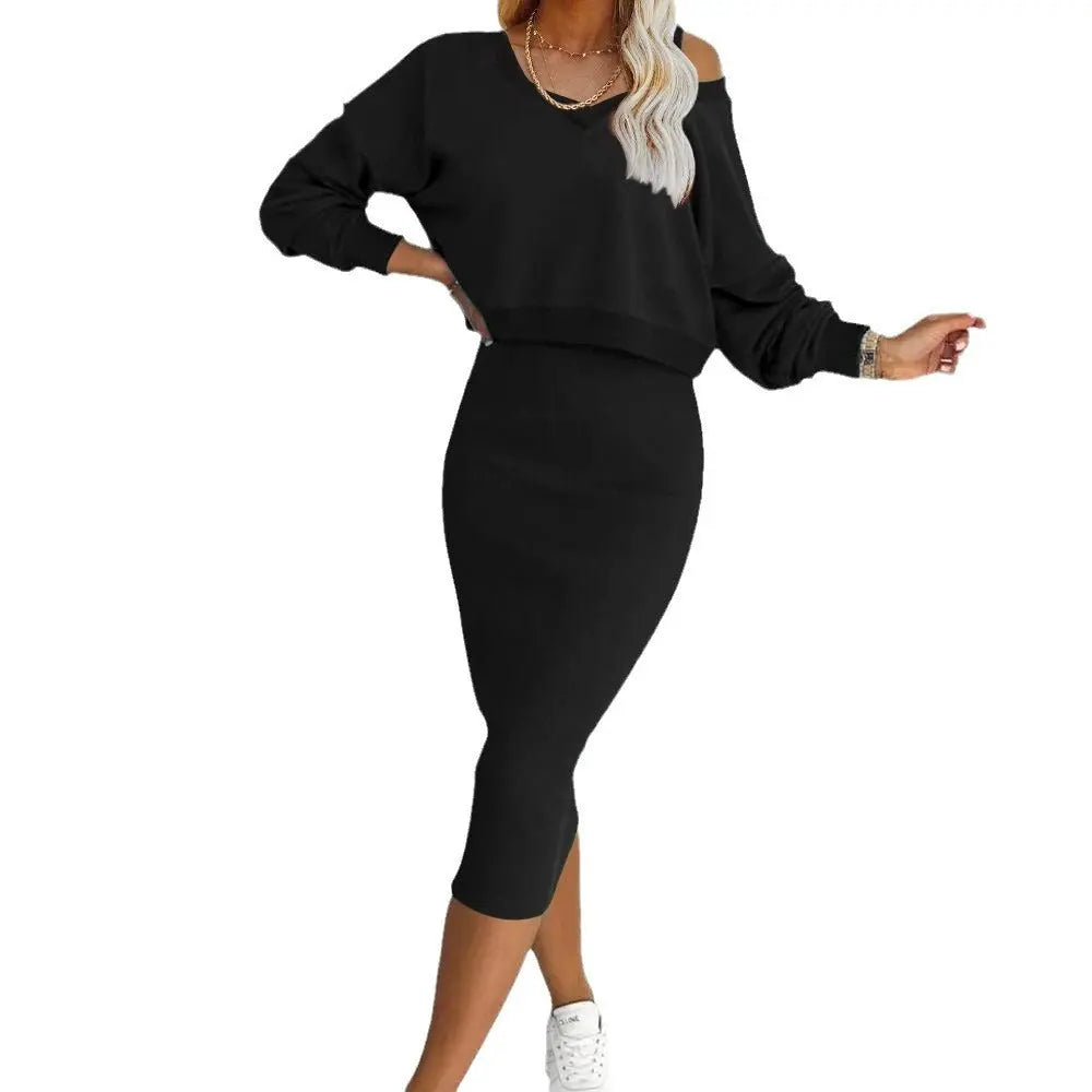 European And American Women's Clothing Vest Skirt V-neck Sweatshirt Sweater Set  Pre2brand Black-XL