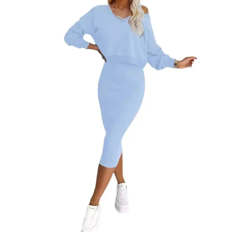 European And American Women's Clothing Vest Skirt V-neck Sweatshirt Sweater Set  Pre2brand Light-Blue-XL