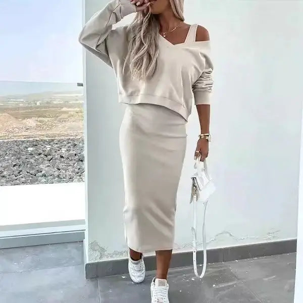 European And American Women's Clothing Vest Skirt V-neck Sweatshirt Sweater Set  Pre2brand Beige-XL