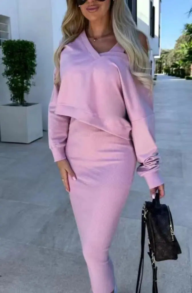 European And American Women's Clothing Vest Skirt V-neck Sweatshirt Sweater Set  Pre2brand Pink-XL