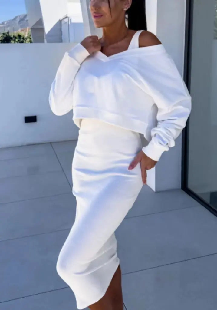 European And American Women's Clothing Vest Skirt V-neck Sweatshirt Sweater Set  Pre2brand White-XL
