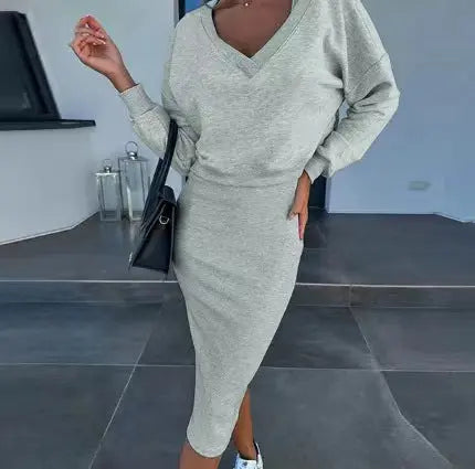 European And American Women's Clothing Vest Skirt V-neck Sweatshirt Sweater Set  Pre2brand Flower-Gray-XL