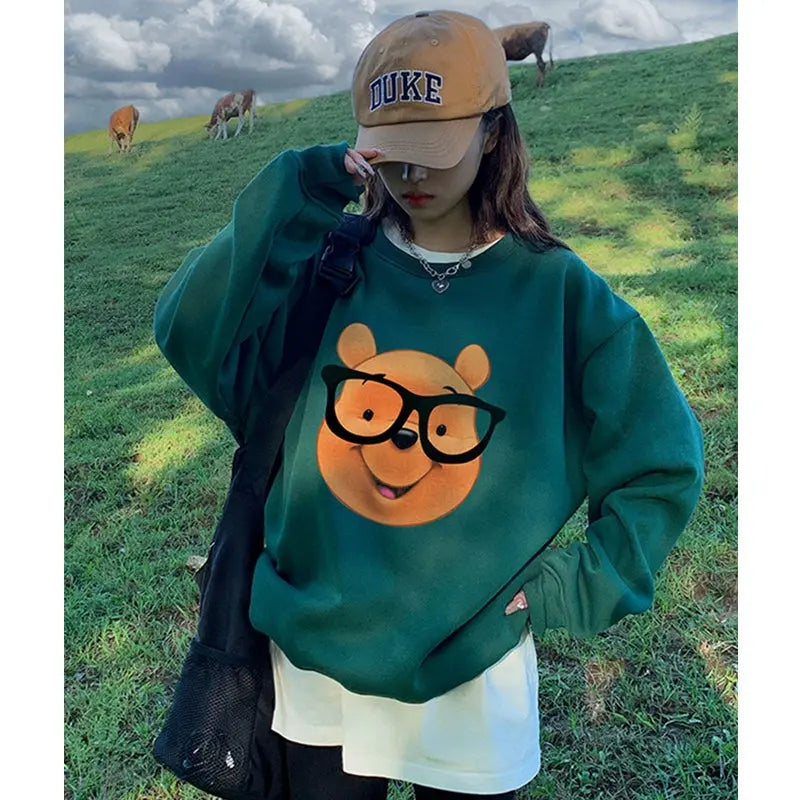 European Station Plus Size 100.00Kg Pure Cotton Bear Print Thin Sweatshirt Women's Autumn and Winter Preppy Style Velvet Hoodie Tide - Pre2brand