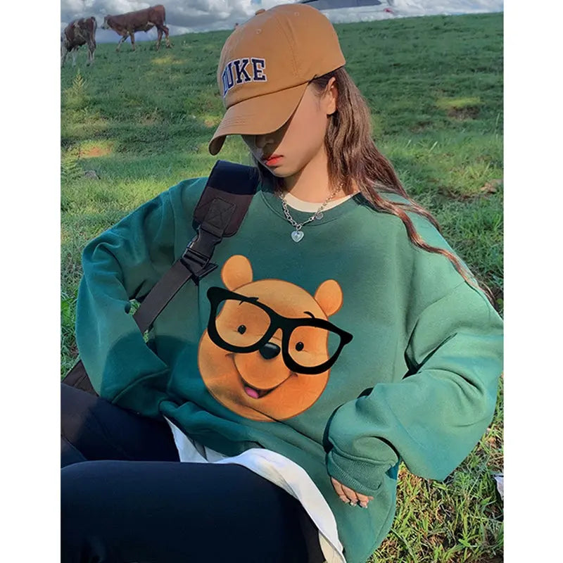 European Station Plus Size 100.00Kg Pure Cotton Bear Print Thin Sweatshirt Women's Autumn and Winter Preppy Style Velvet Hoodie Tide - Pre2brand