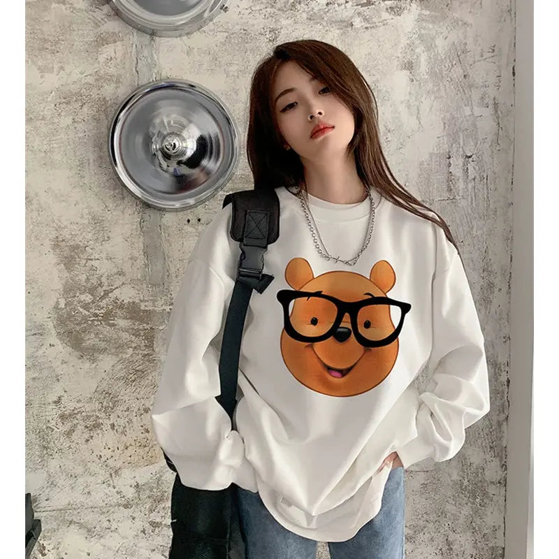 European Station Plus Size 100.00Kg Pure Cotton Bear Print Thin Sweatshirt Women's Autumn and Winter Preppy Style Velvet Hoodie Tide - Pre2brand
