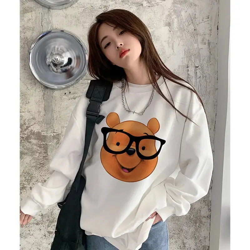 European Station Plus Size 100.00Kg Pure Cotton Bear Print Thin Sweatshirt Women's Autumn and Winter Preppy Style Velvet Hoodie Tide - Pre2brand