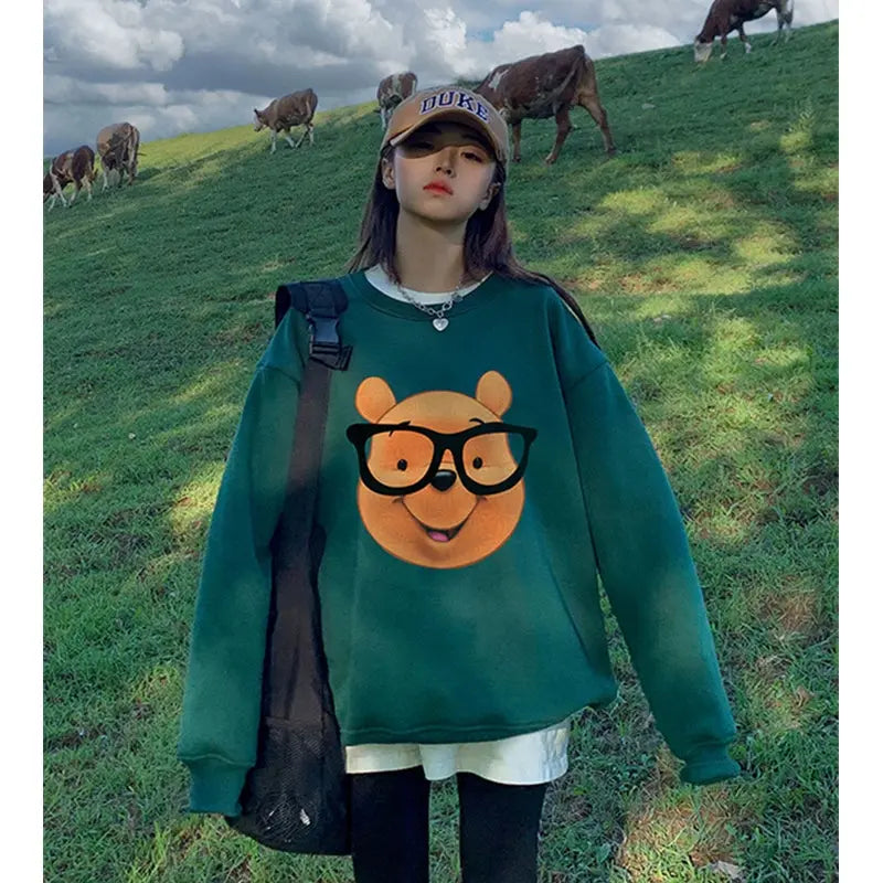 European Station Plus Size 100.00Kg Pure Cotton Bear Print Thin Sweatshirt Women's Autumn and Winter Preppy Style Velvet Hoodie Tide - Pre2brand