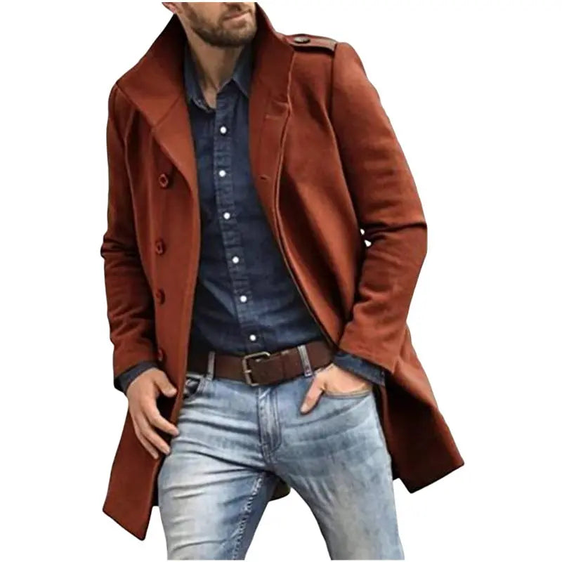 European Style Woolen Men's Coat Autumn And Winter New Thickened Coat  Pre2brand Brick-Red-2XL
