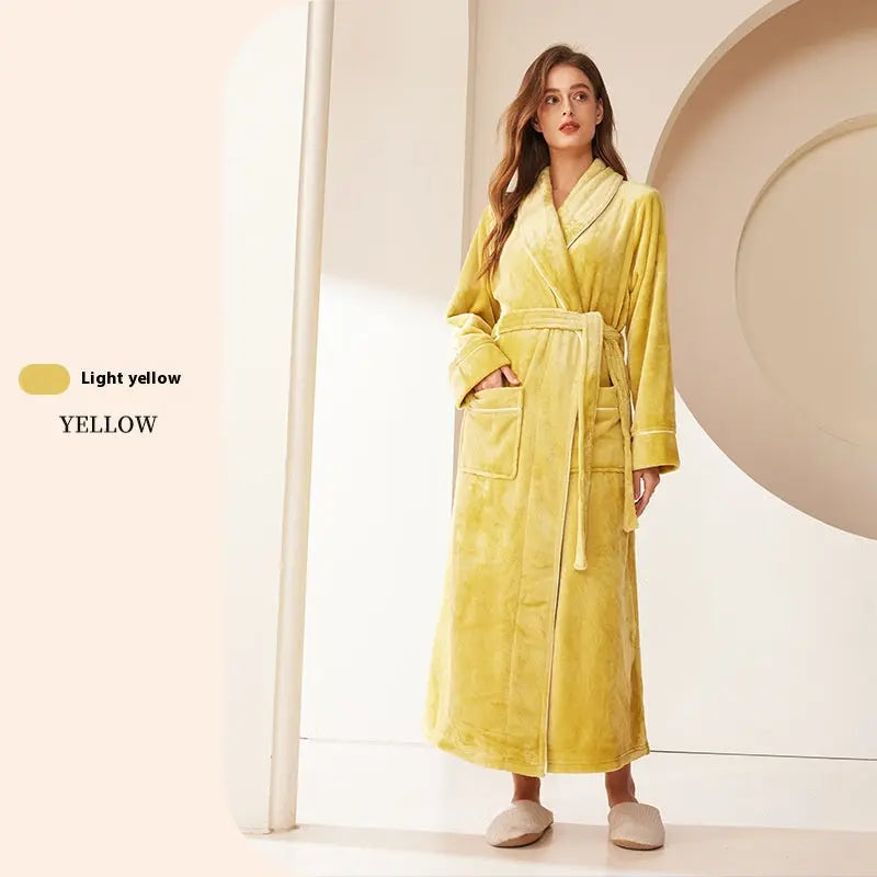 Extended Autumn And Winter Coral Fleece Bathrobe  Pre2brand Light-Yellow-Women-XXXL