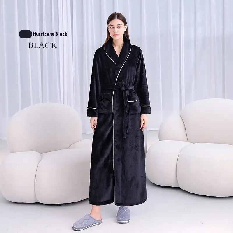 Extended Autumn And Winter Coral Fleece Bathrobe  Pre2brand Black-For-Women-XXXL