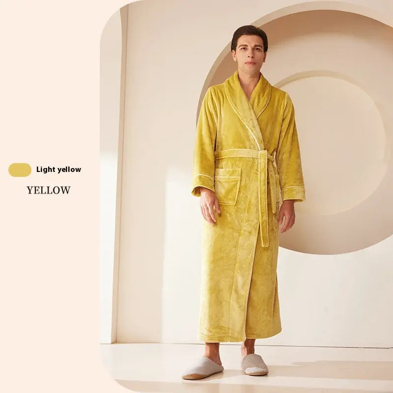 Extended Autumn And Winter Coral Fleece Bathrobe  Pre2brand Light-Yellow-Male-XXXL