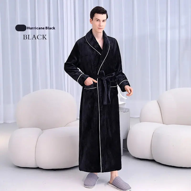 Extended Autumn And Winter Coral Fleece Bathrobe  Pre2brand Black-Male-XXXL