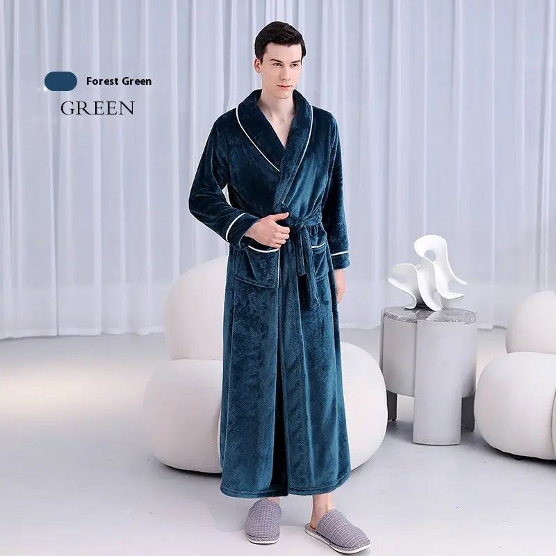 Extended Autumn And Winter Coral Fleece Bathrobe  Pre2brand Green-Male-XXXL