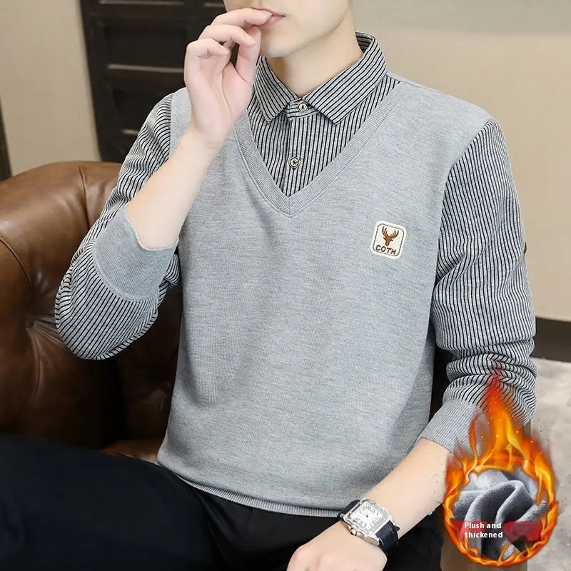 Fake Two-piece Men's Business Casual All-match Shirt Inner Wear Sweater  Pre2brand