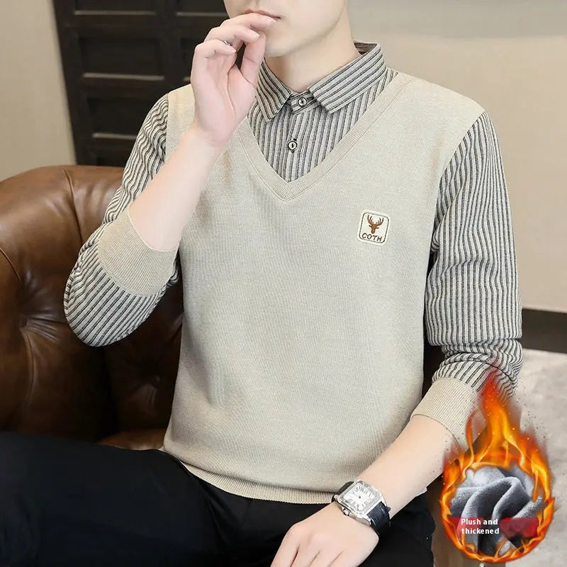 Fake Two-piece Men's Business Casual All-match Shirt Inner Wear Sweater  Pre2brand