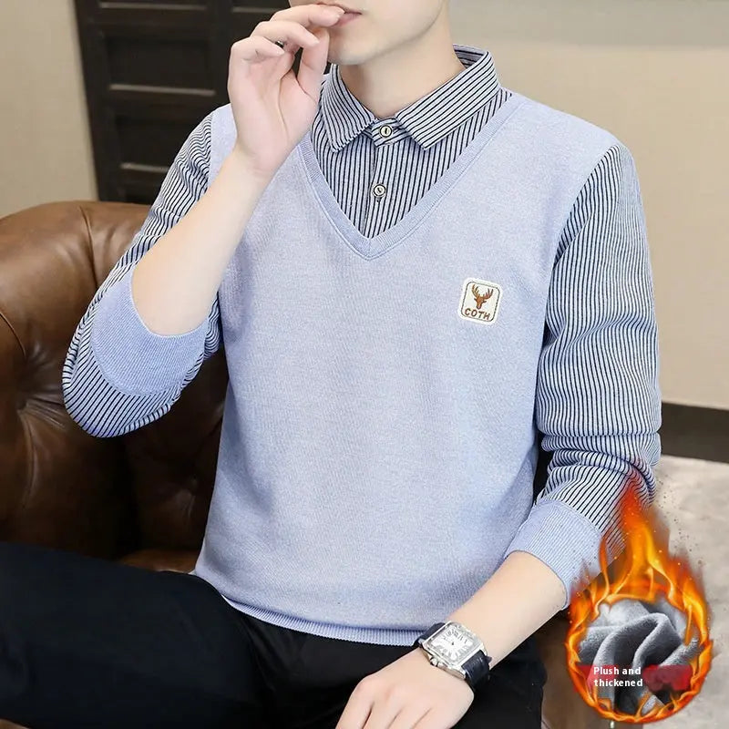 Fake Two-piece Men's Business Casual All-match Shirt Inner Wear Sweater  Pre2brand