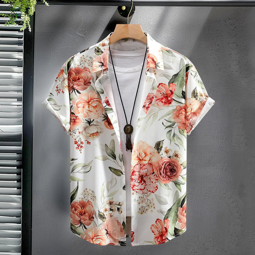 Fashion Digital Printing Men's Short Sleeve Shirt  Pre2brand CZ105-Orange-Big-Flower-XXL