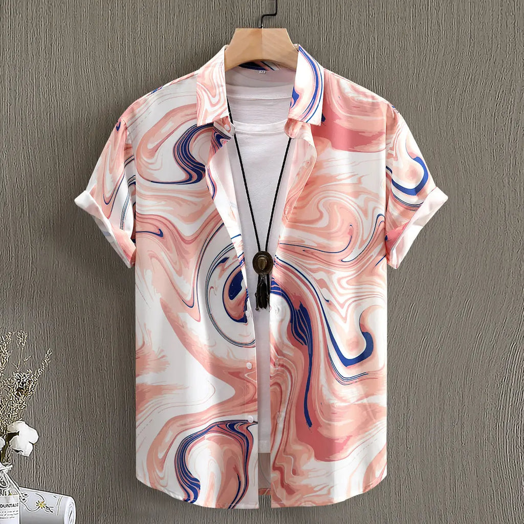 Fashion Digital Printing Men's Short Sleeve Shirt  Pre2brand CZ146-Pink-Jade-Pattern-XXL