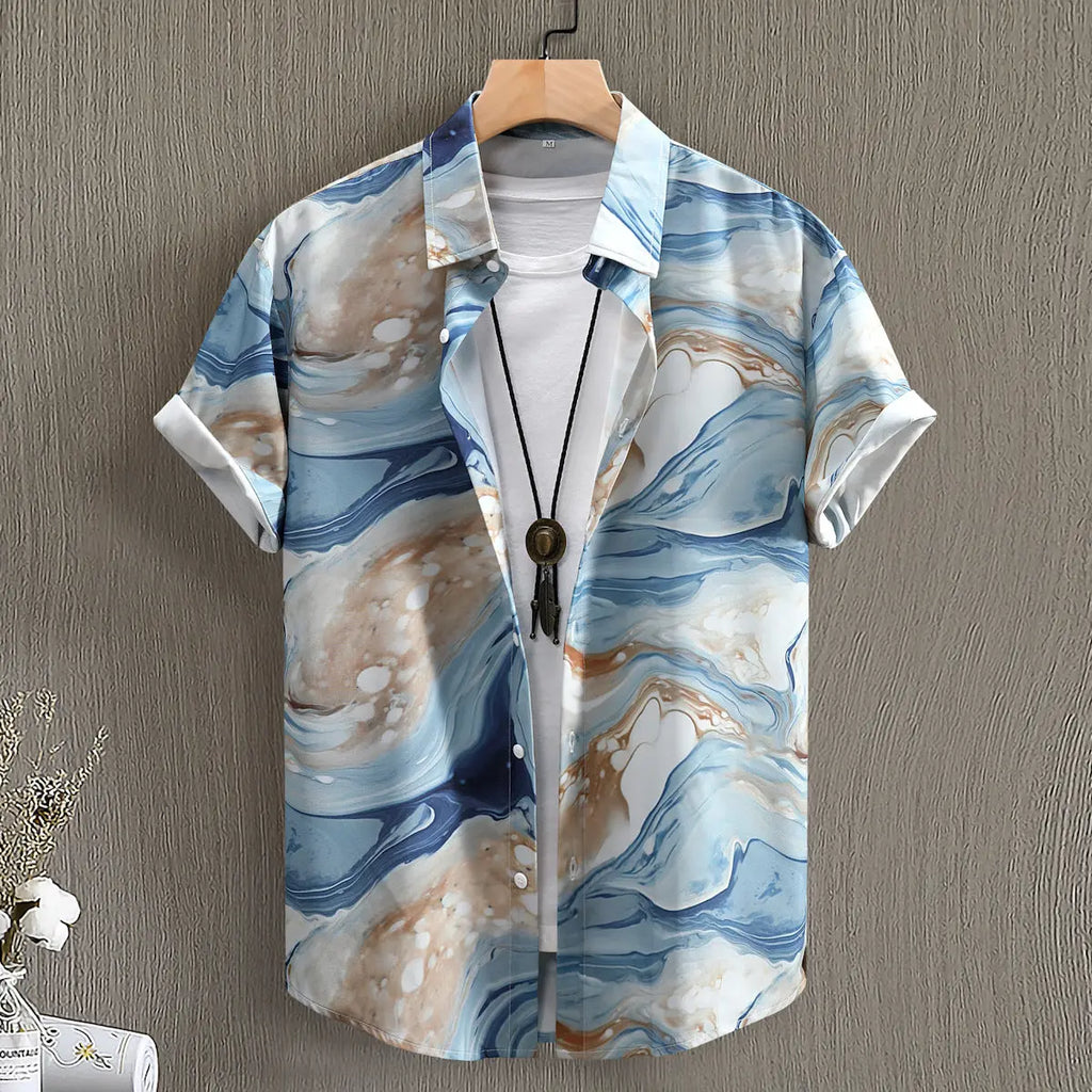 Fashion Digital Printing Men's Short Sleeve Shirt  Pre2brand CZ147-Blue-Jade-Pattern-XXL