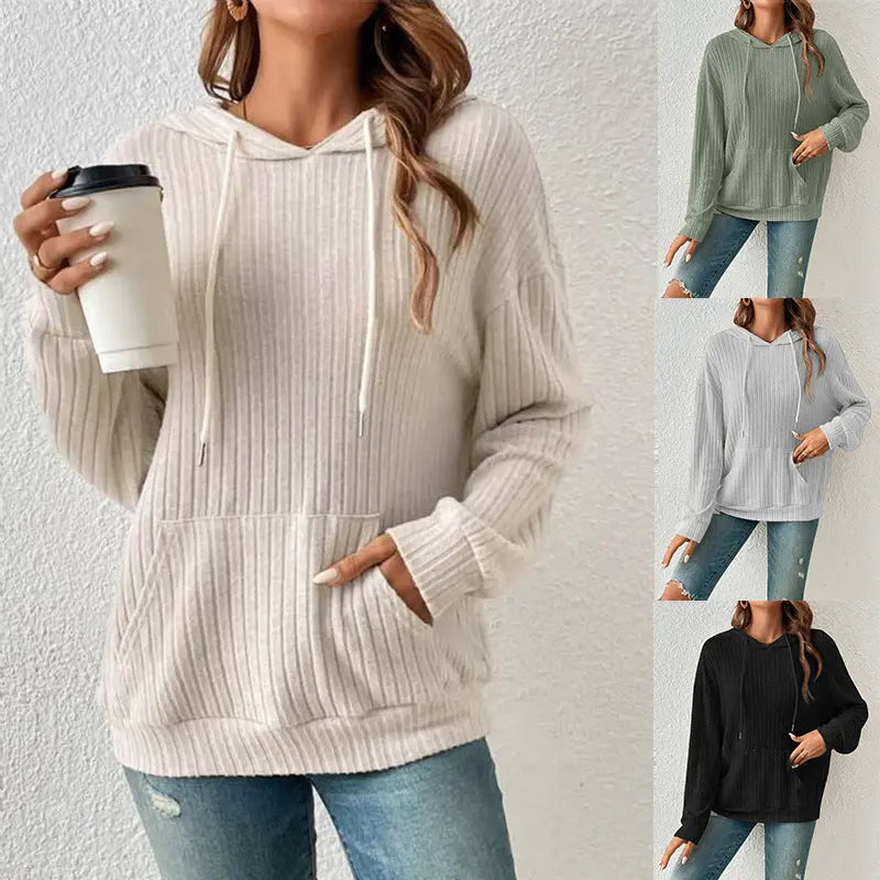 Fashion Drawstring Long-sleeved Hooded Sweatshirt With Pockets Solid Sunken Stripe Hoodie Knitwear Womens Clothing - Pre2brand