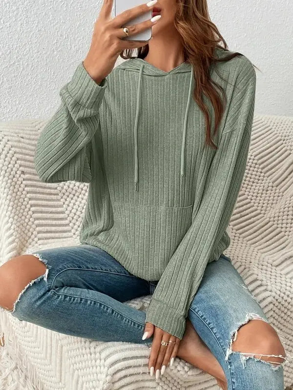 Fashion Drawstring Long-sleeved Hooded Sweatshirt With Pockets Solid Sunken Stripe Hoodie Knitwear Womens Clothing - Pre2brand