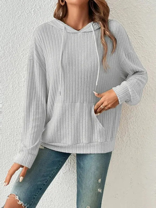 Fashion Drawstring Long-sleeved Hooded Sweatshirt With Pockets Solid Sunken Stripe Hoodie Knitwear Womens Clothing - Pre2brand